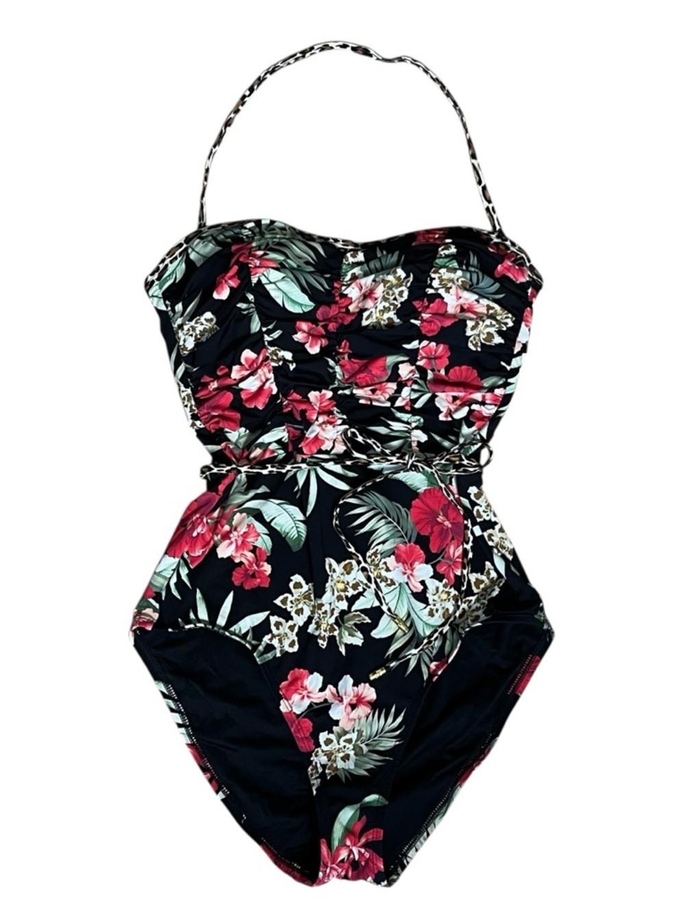 Tommy Bahama One Piece Swimsuit Tropical Floral Belted Ruched Animal Size 10